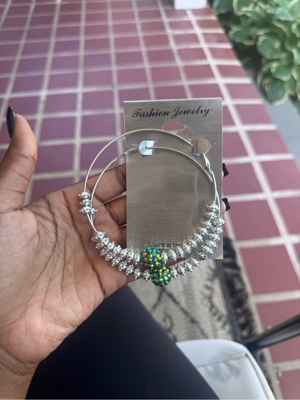 Fashion Jewelry Silver Hoop Earrings with Green Multicolor Pave Beads